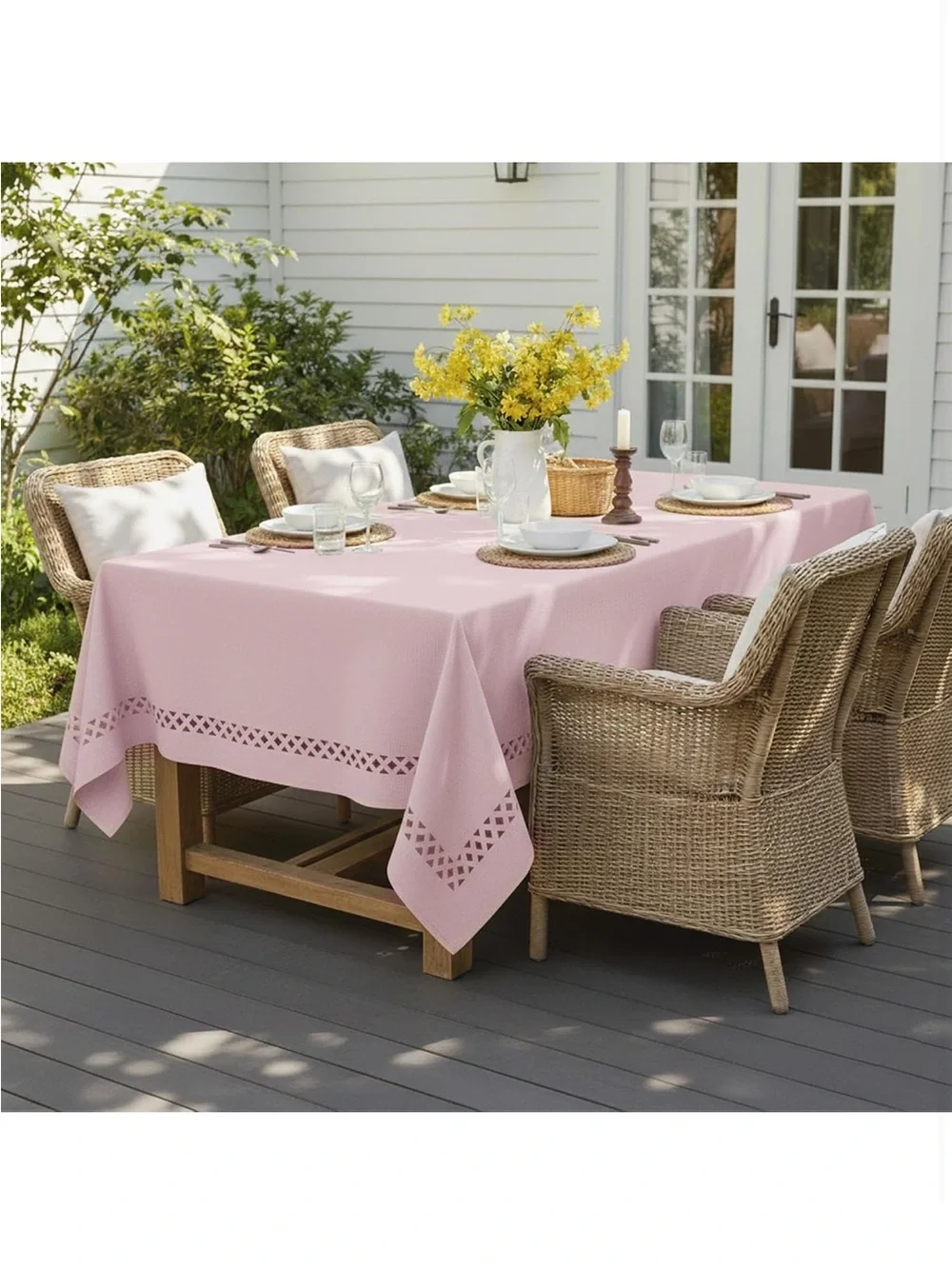 NEW JIALE Pink Linen Polyester Tablecloth with Decorative Cutouts, Wrinkle Free